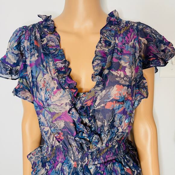 Rebecca Taylor Giverney Fleur Print Silk Blend Dress M Ruffled Cocktail Romantic - Picture 10 of 14